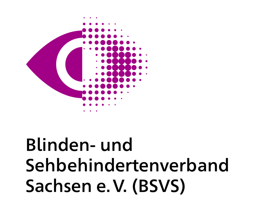 Logo des Blinden- und Sehbehindertenverbandes Sachsen e. V. Ein stilisiertes Auge in der Farbe Purpur, welcheslinksseitig deutlich und rechtsseitig rasterartig zu erkennen ist.