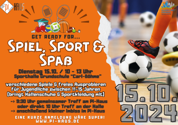 In der zweiten Ferienwoche geht es im Pi-Haus am 15. Oktober sportlich weiter mit der Veranstaltung Spiel, Sport & Spaß